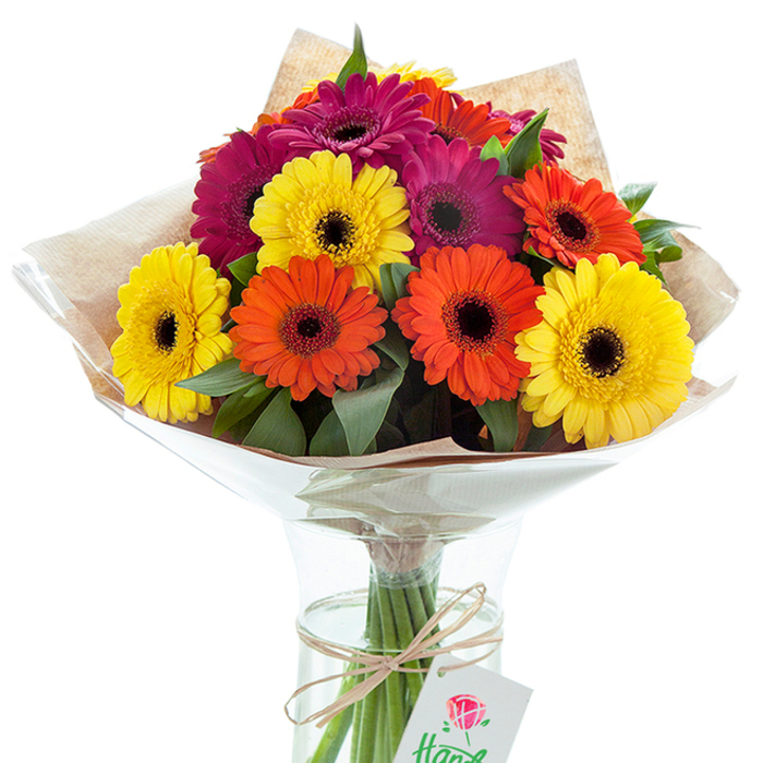 Nestled against a softly lit white background, a hand-tied bouquet of Gerbera daisies radiates with the joyful spirit of Colliers Wood. Sunny yellow petals blend into bright oranges and rich fuchsias, each flower centered by a deep, chocolate-hued eye that draws focus and imbues the bouquet with depth and dramatic flair. Accentuated by glossy green foliage, the arrangement feels lush and abundant, recalling the greenery that trails along the River Wandle. Carefully enveloped in crinkled clear cellophane and rustic-finish kraft paper, the bouquet feels equal parts artisanal and approachable-perfect for cheerful celebrations, 'get well' wishes, or simply to brighten up homes near Colliers Wood Recreation Ground. The stems, gathered in a slender, transparent glass vase, are kept vibrant in clear water, while a twist of natural raffia around the neck lends handcrafted charm. Swinging from this bow is a simple white tag emblazoned with a stylized rose motif-an indication of attention to local detail and pride, without overt branding. This arrangement, illuminated by gentle daylight, encapsulates the craftsmanship and heart of Colliers Wood Florist, making it an enduring symbol of warmth, gratitude, or festive home décor in SW19.